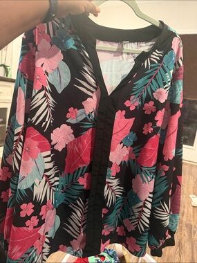 Black Tropical Floral V-Neck Blouse with Pink & Teal Blooms